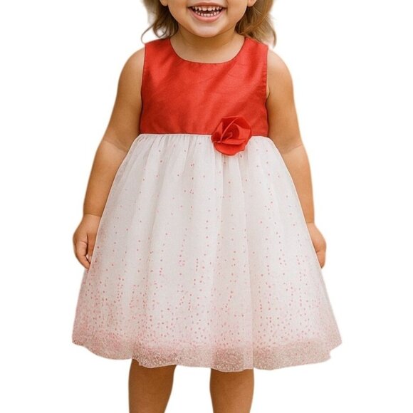 George 3T Girls Party Dress Red Tulle Overlay Sparkle White Rose Accent Bow - Picture 1 of 5